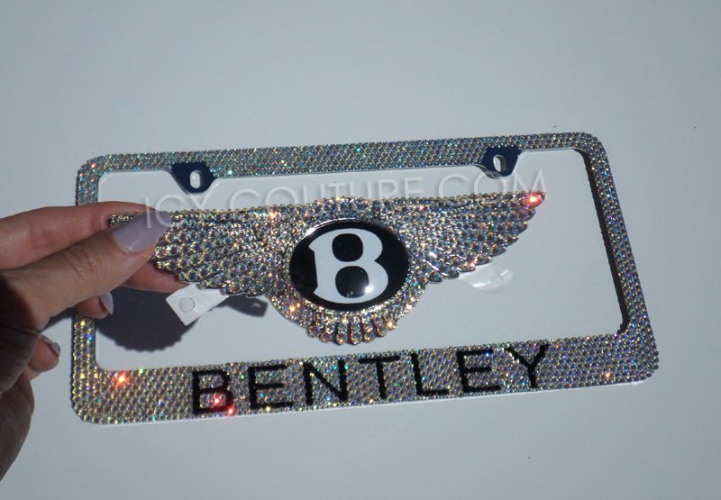 Gorgeous Set of Sparkling Bentley Wings Emblem with Matching Bling License Plate Frame custom crystallized with Crystal Shimmer Swarovski Crystals by ICY Couture