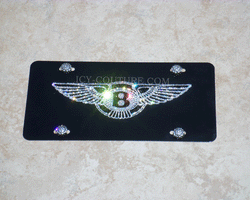 Black Bentley License Plate with Diamond Clear Bentley Logo and Matching Bling Screw Caps custom crystallized with Swarovski crystals by ICY Couture.