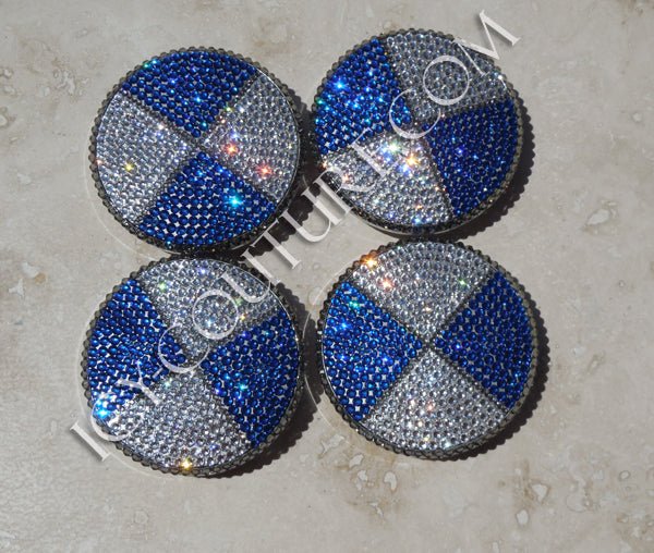 Checker style bling BMW center caps in blue, diamond clear and black diamond swarovski crystals