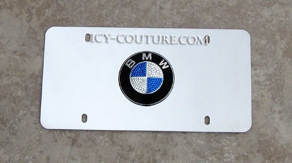 Bling BMW Logo on Chrome License Plate custom bedazzled in original BMW colors with Swarovski Crystals - genuine BMW parts customized by ICY Couture.