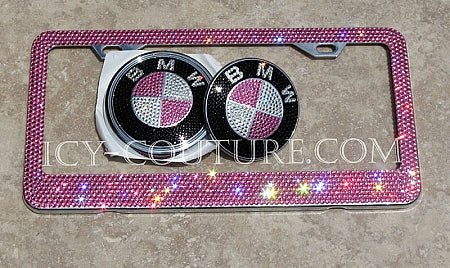 Sparkling Pink BMW emblems with matching Rose Swarovski Crystals License Plate Frame Set by ICY Couture.