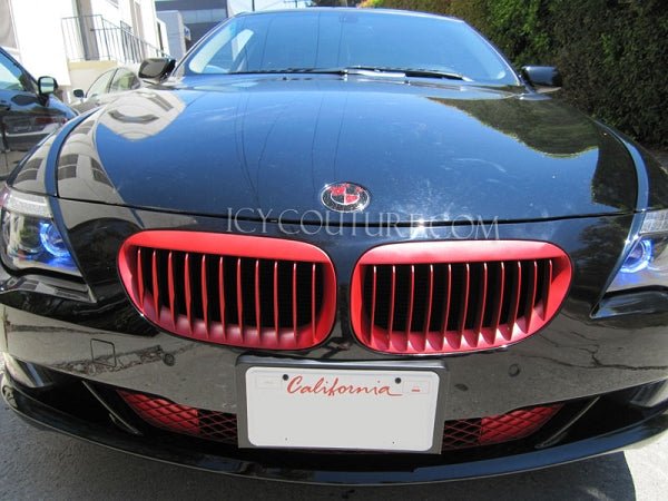 Red on Black Bling BMW emblems crystallized with Swarovski Crystals by ICY Couture (front view)