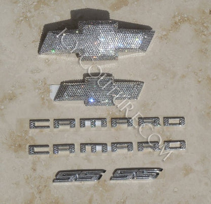 Diamond Clear Bling Chevy Emblems Set Custom Crystallized with Swarovski Crystals by ICY Couture: Crystal Clear Bowtie (front/back), Camaro letters (front/back), SS letters 