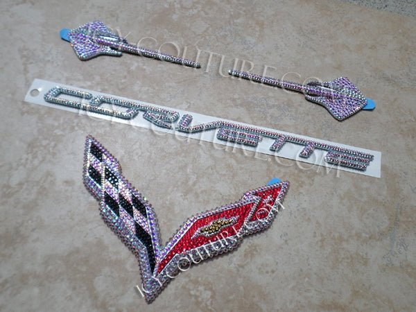 Custom Bling Corvette Stingray Emblems Set Custom Crystallized with Swarovski Crystals: Corvette Flag, Corvette letters and 2x fender stingrays