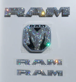 Sparkling Dodge Ram Bling Emblems Set Custom Bedazzled with Swarovski Crystals by ICY Couture: Sparkle Ram Head, Ram Grille Letters, 2x Fender Ram letters nameplate