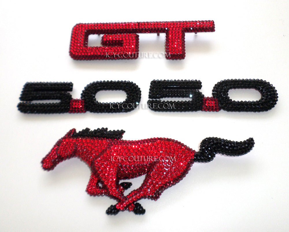   Bling Mustang GT 5.0 Emblems Set Custom Bedazzled with Swarovski Crystals: Red Running Mustang Horse with black 5.0 numbers