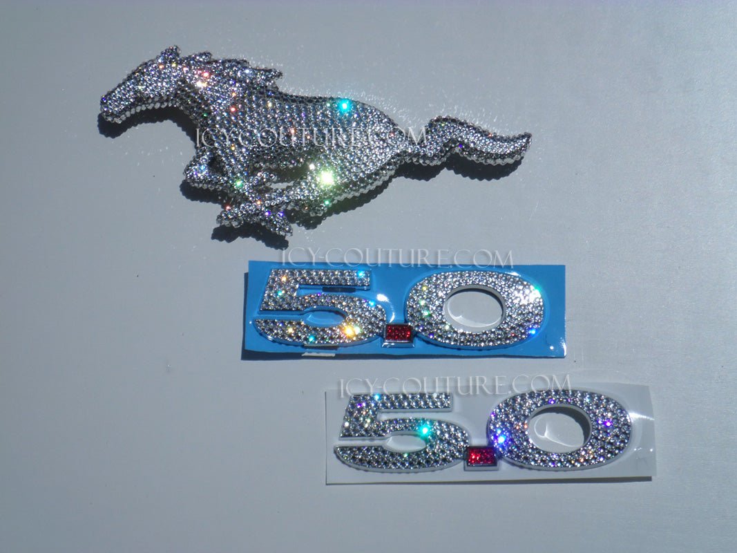 Diamond Clear Mustang 5.0 emblems set custom bedazzled with Swarovski crystals