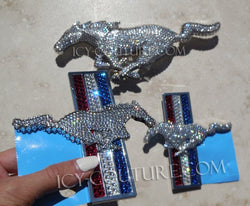 Mustang Emblems Set - Diamond Bling Mustang Horse Grille emblem with fender mustang flag emblems crystallized with Swarovski crystals