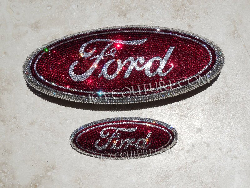 Red Bling Oval Ford Emblems (front and back) Custom Bedazzled with Swarovski Crystals