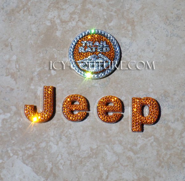 Orange Jeep Wrangler Emblem with matching trail rated emblem crystallized with Swarovski Crystals