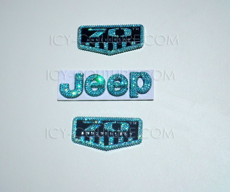 Light Turquoise 70 Anniversary Jeep emblems set bedazzled with Swarovski crystals