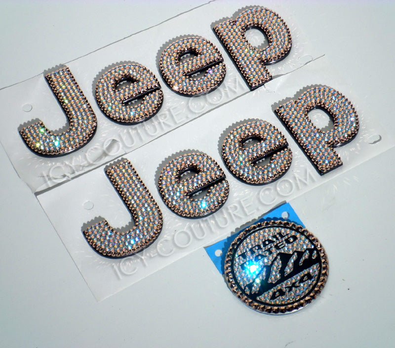 Bling Jeep Emblems Set Bedazzled with Crystal Shimmer and Rose Gold Swarovski Crystals