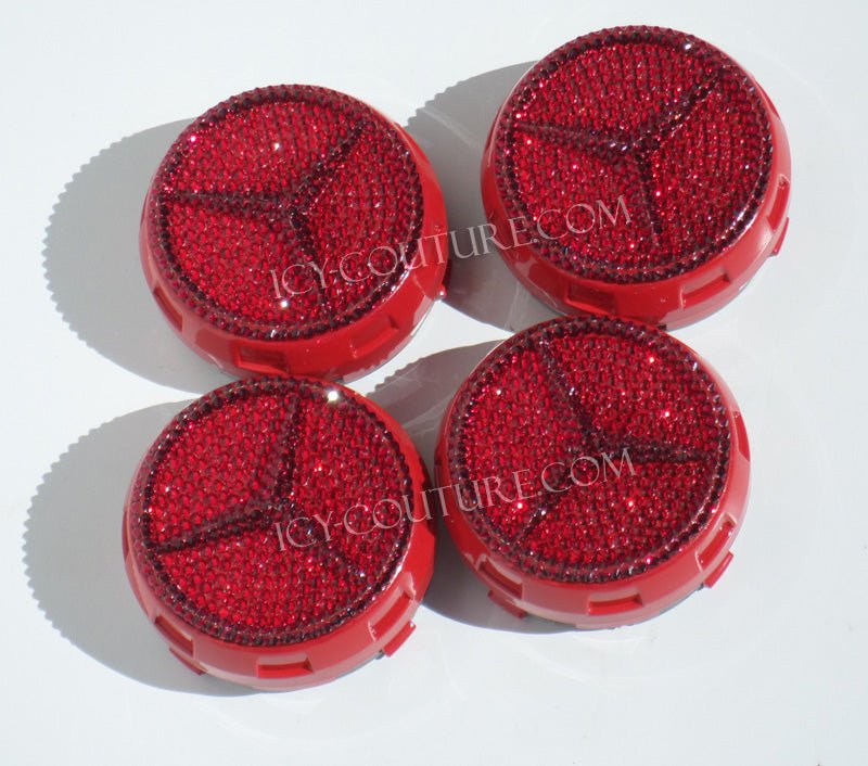 Mercedes Center Wheel Rim caps custom crystallized with Swarovski crystals in 2 red colors - Siam and Light Siam. 