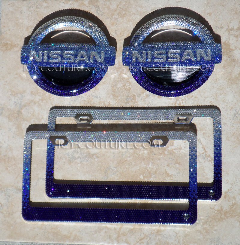 Gorgeous Clear to Light Blue, to Cobalt Blue Ombre Bedazzled Nissan Emblems Set with Matching Bling License Plate Frames by ICY Couture