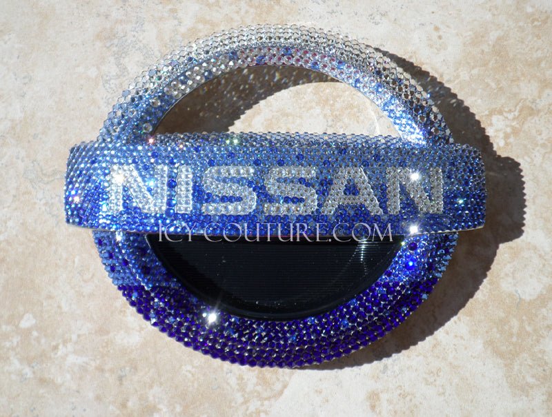 Bling Nissan Emblem Bedazzled with Diamond Clear to Light Blue to Cobalt Swarovski Crystals