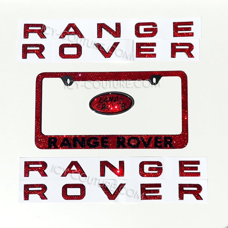 Red Bling Range Rover Emblems set with matching crystal license plate frame by ICY Couture.