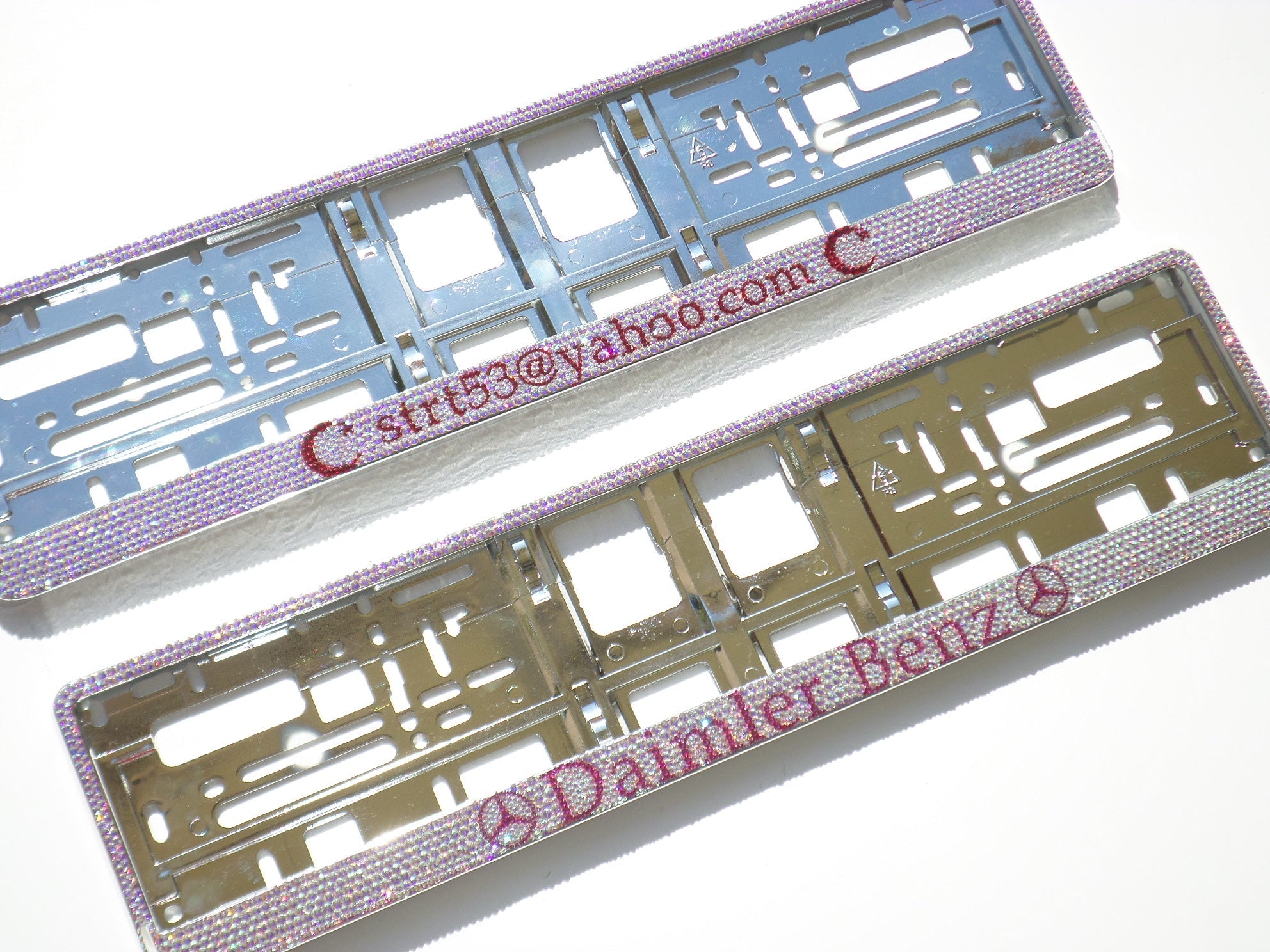 Custom Message Bling European License Plate frames crystallized with Swarovski Crystals or glass rhinestones | ICY Couture.