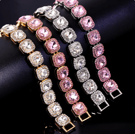 Iced Out Square Pave Rhinestone Bracelet: Silver, Gold, Pink. - ICY Couture