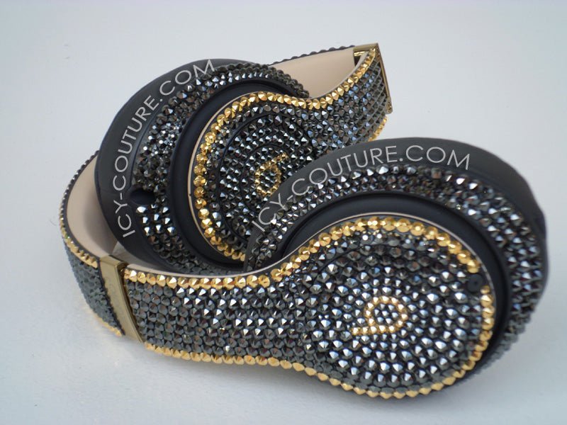 Jet Hematite & Gold Bedazzled Bling Studio Beats Rhinestone Headphones custom crystallized with Swarovski Crystals by ICY Couture