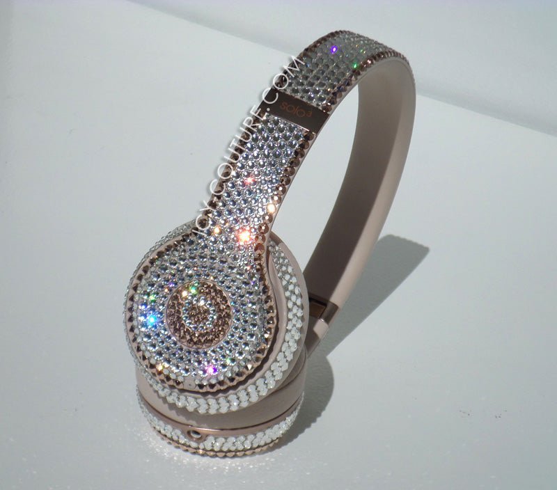 Diamond Clear with Rose Gold Outline Bedazzled Bling Solo Beats Rhinestone Headphones custom crystallized with Swarovski Crystals by ICY Couture