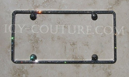 Black Diamond on Chrome Slim Rim 4 Screw Holes 1 Row of Rhinestones Swarovski Crystals License Plate Frame Bedazzled by ICY Couture.