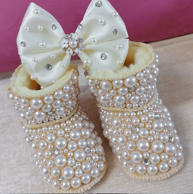 Ivory Pearls & Diamonds Custom Baby Girl Bling Boots with Matching Headband Bow - ICY Couture