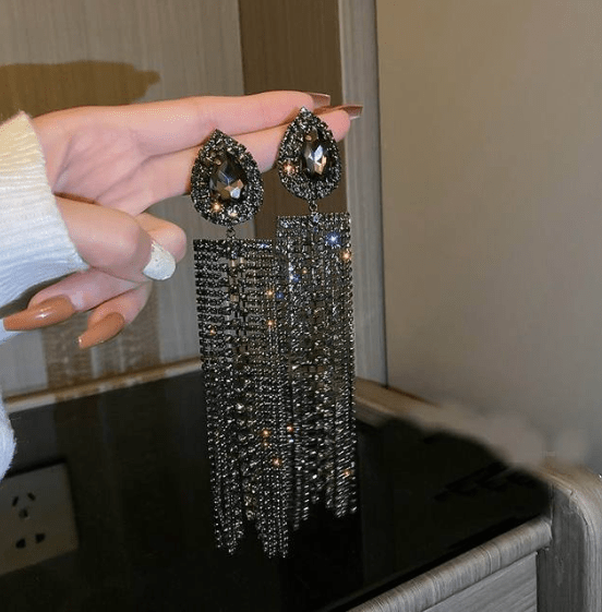 Long Exaggerated Waterfall Crystal Statement Earrings: Black or Silver - ICY Couture