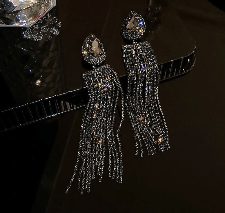 Long Exaggerated Waterfall Crystal Statement Earrings: Black or Silver - ICY Couture
