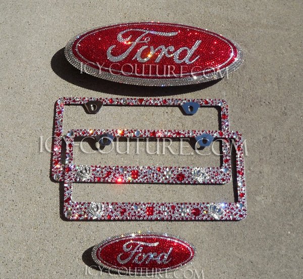 Clear and Red Matching Ford Emblems Set with Chunky Bling License Plate Frame bedazzled with Swarovski Crystals and Shapes by ICY Couture