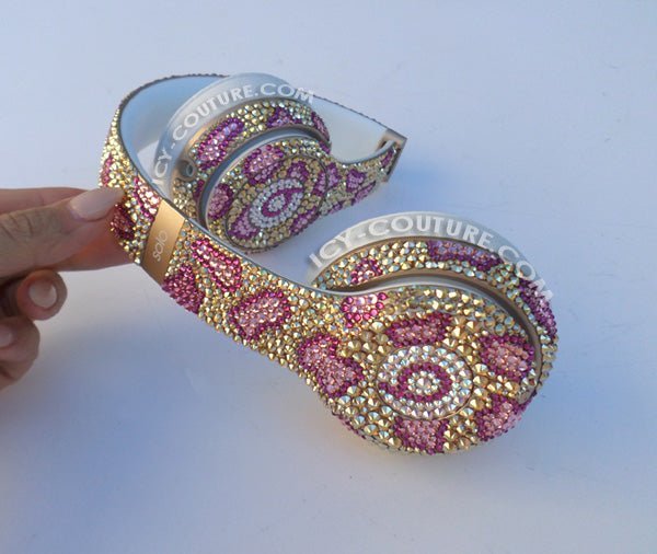 Gold & Pink Leopard Print Custom Bedazzled Bling Beats Headphones Crystallized with Swarovski crystals or premium glass rhinestones by ICY Couture.