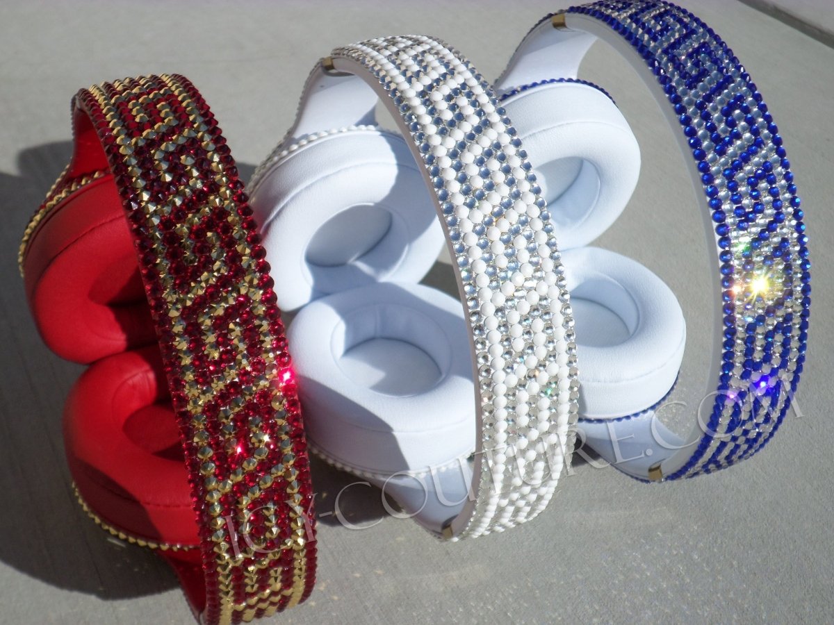 Mykonos design in 3 colors: Red, White & Blue: Custom Bedazzled Bling Beats Headphones Crystallized with Swarovski crystals or premium glass rhinestones by ICY Couture. 