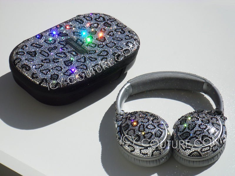 White Leopard Crystallized Set of Bling Headphones and matching carry case, bedazzled with Swarovski crystals or premium glass rhinestones by ICY Couture.