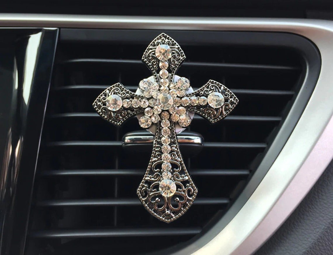 Rhinestone Cross Decorative Vent Clip - Christian Car Accessory: Black or Silver. - ICY Couture