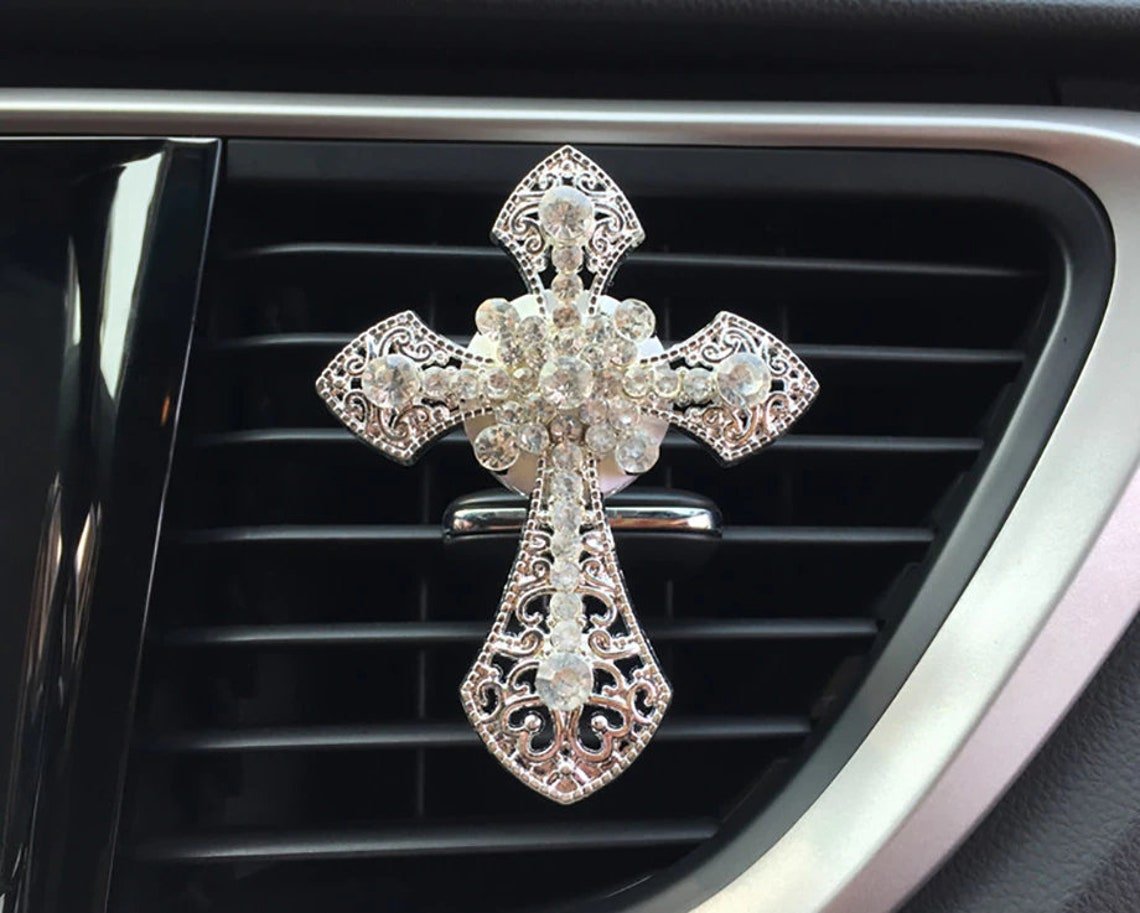 Rhinestone Cross Decorative Vent Clip - Christian Car Accessory: Black or Silver. - ICY Couture