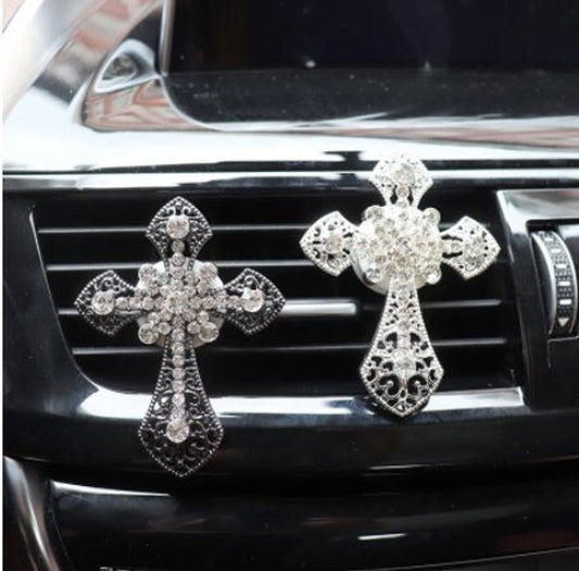 Rhinestone Cross Decorative Vent Clip - Christian Car Accessory: Black or Silver. - ICY Couture