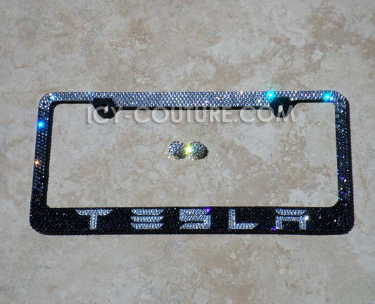 "TESLA on Black Diamond Ombre" Rhinestone Bling Crystal License Plate Frame - ICY Couture